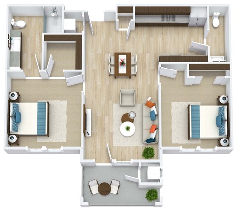 3D floor plan for 2 Bedroom, 1 Bathroom Apartment as Aspen Ridge